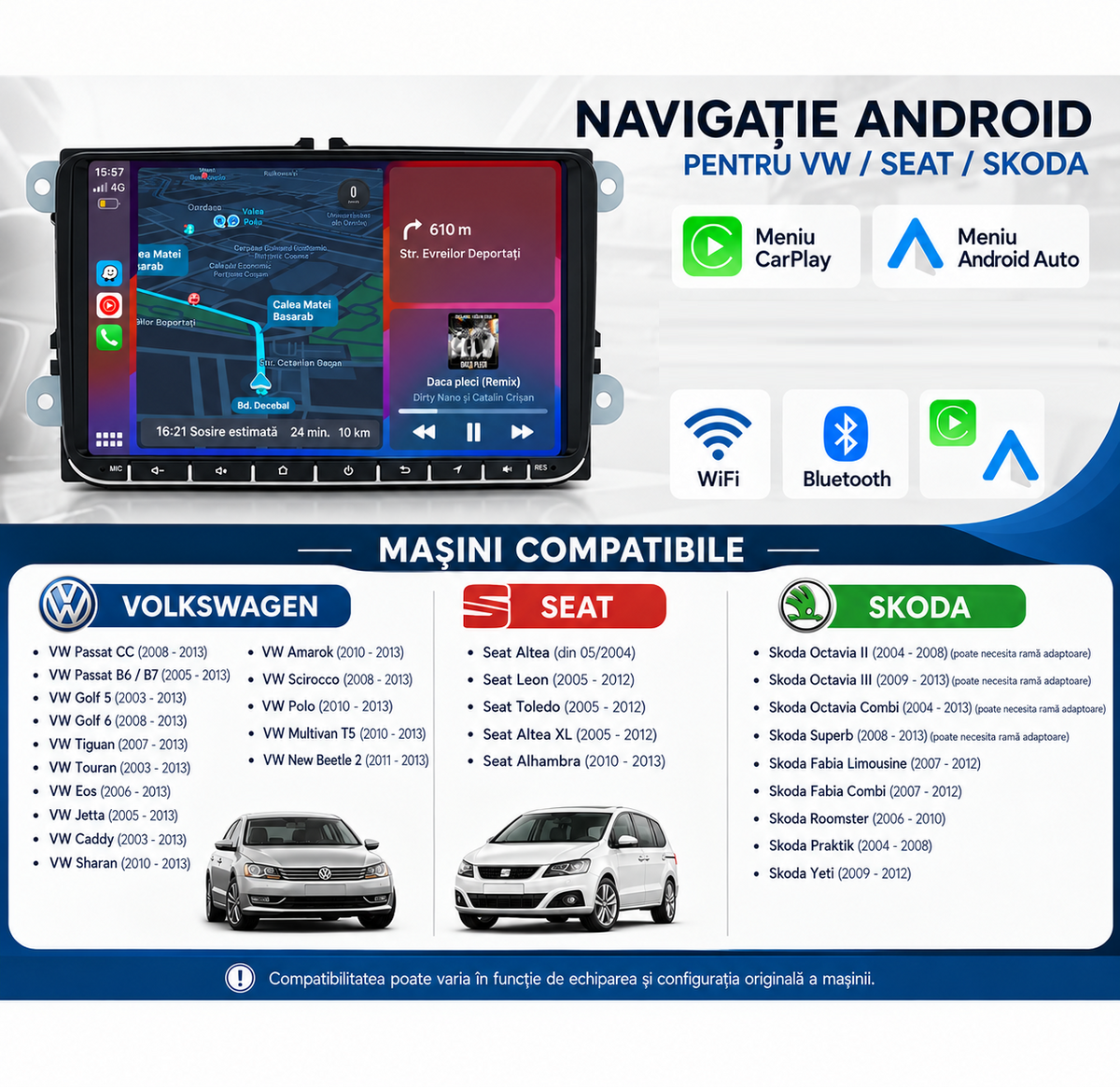Navigatie Volkswagen ,Skoda, Seat, Android, Ecran 9 inch, Carplay / android auto