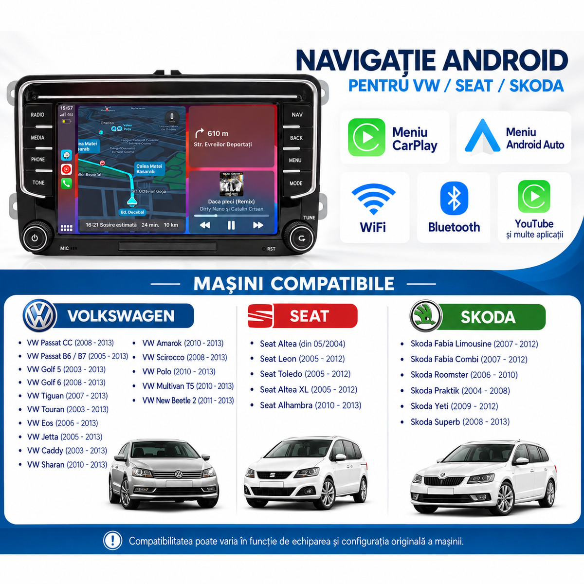 Navigatie Volkswagen ,Skoda, Seat, Android, Ecran 7 inch banda crom, Carplay / android auto