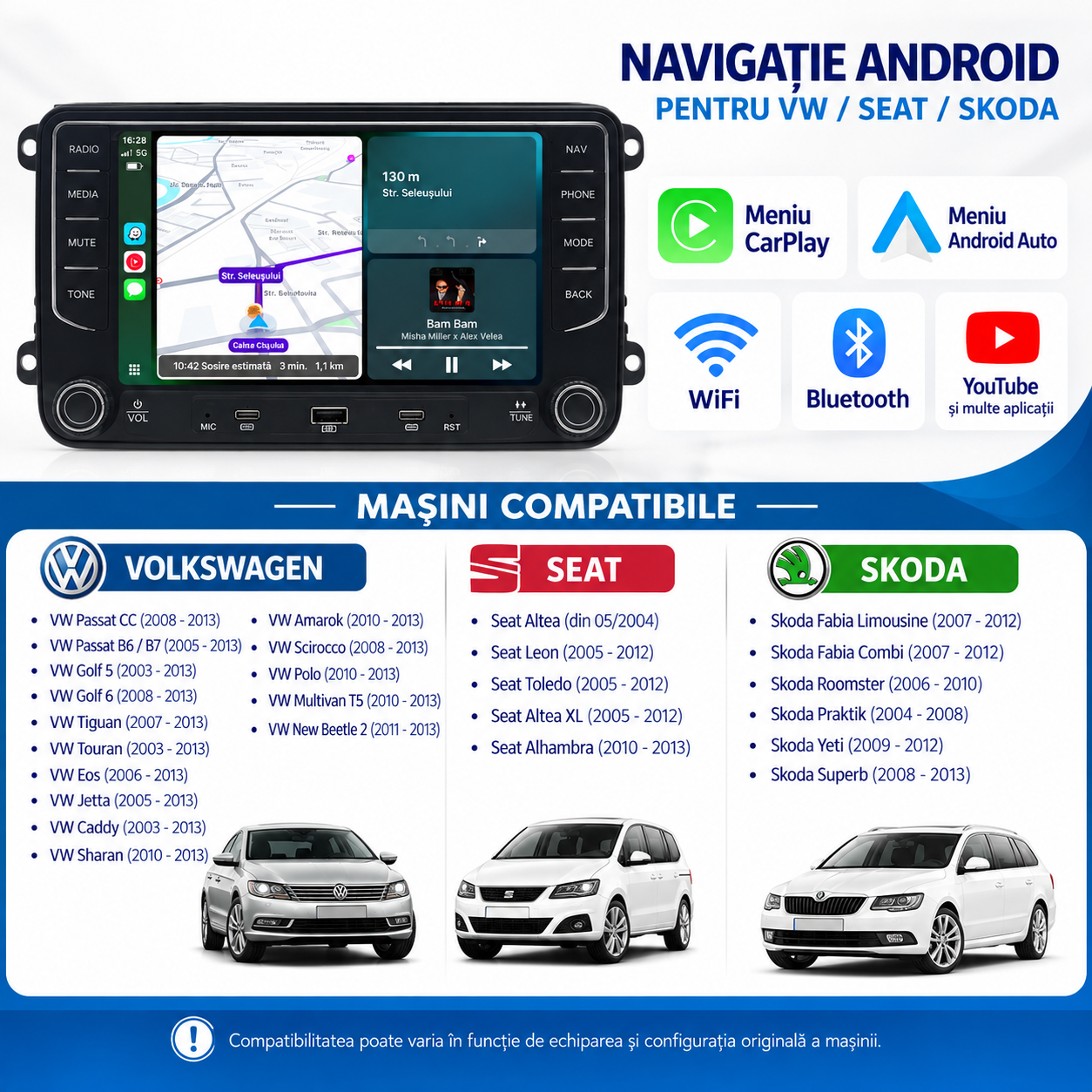 Navigatie Volkswagen ,Skoda, Seat, Android, Ecran 7" full touch, Carplay / android auto