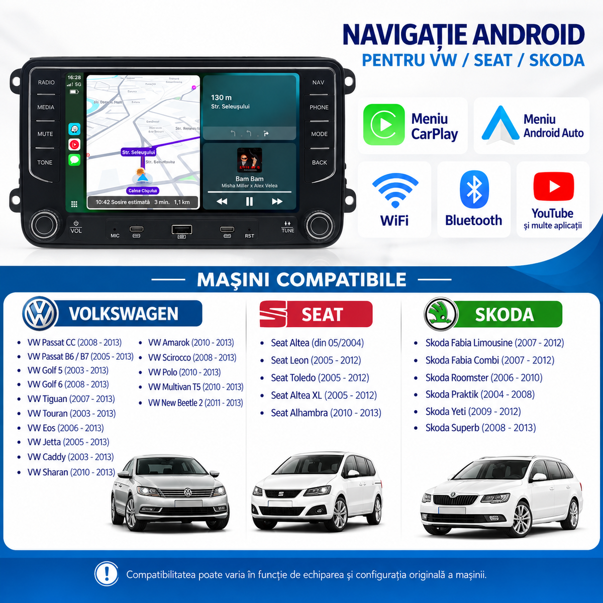Navigatie Volkswagen ,Skoda, Seat, Android, Ecran 7" full touch, Carplay / android auto