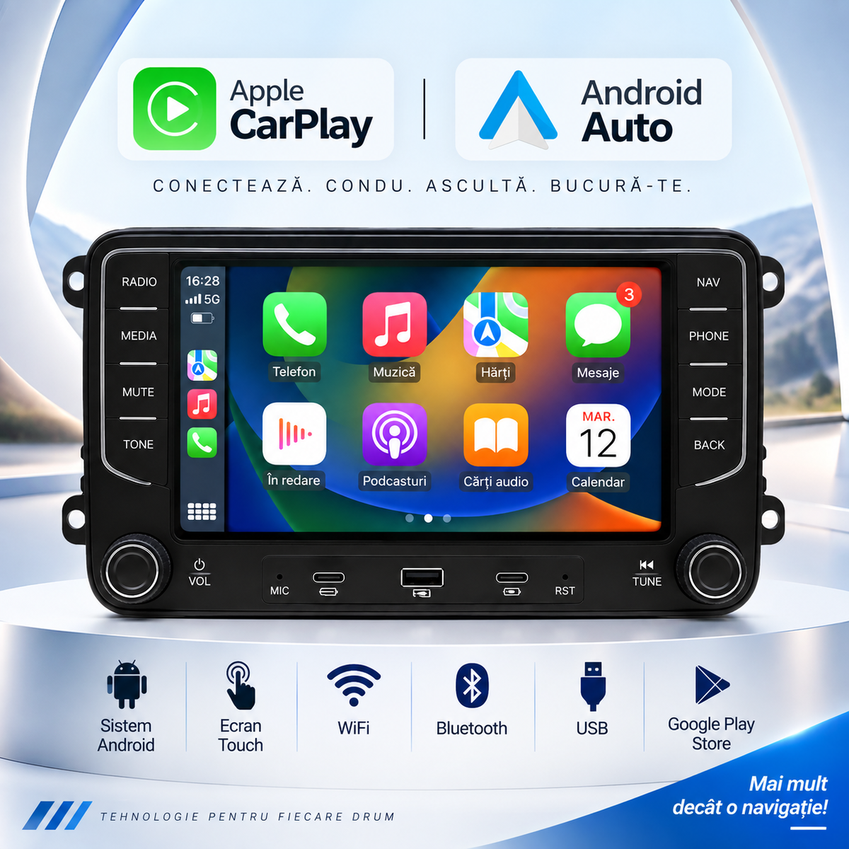Navigatie Volkswagen ,Skoda, Seat, Android, Ecran 7" full touch, Carplay / android auto