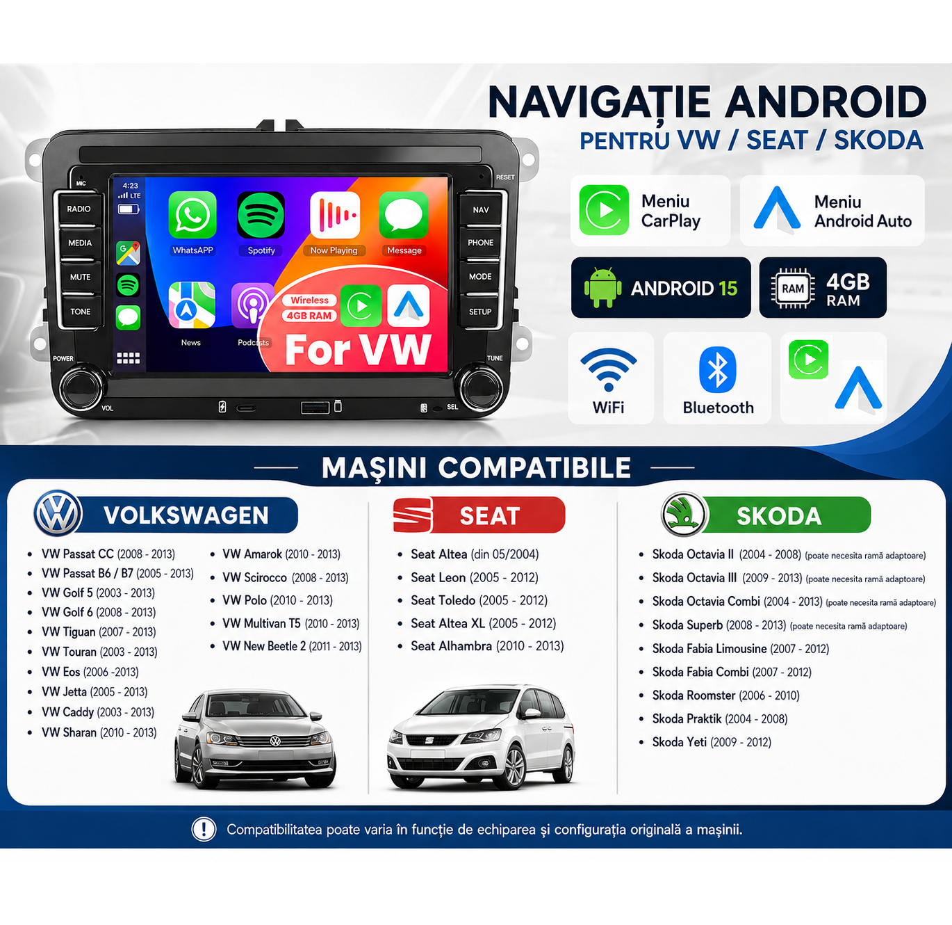 Navigatie dedicata Android 15, Volkswagen / Skoda / Seat, 4GB RAM carplay / android auto
