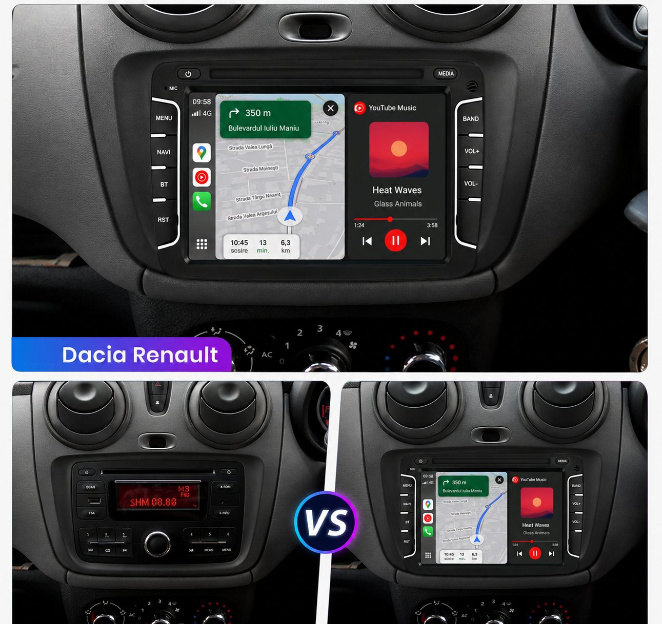 Navigatie Dacia Logan, Duster, Sandero, Dokker (2010-2020) 4GB RAM, Android 15, carplay / android auto