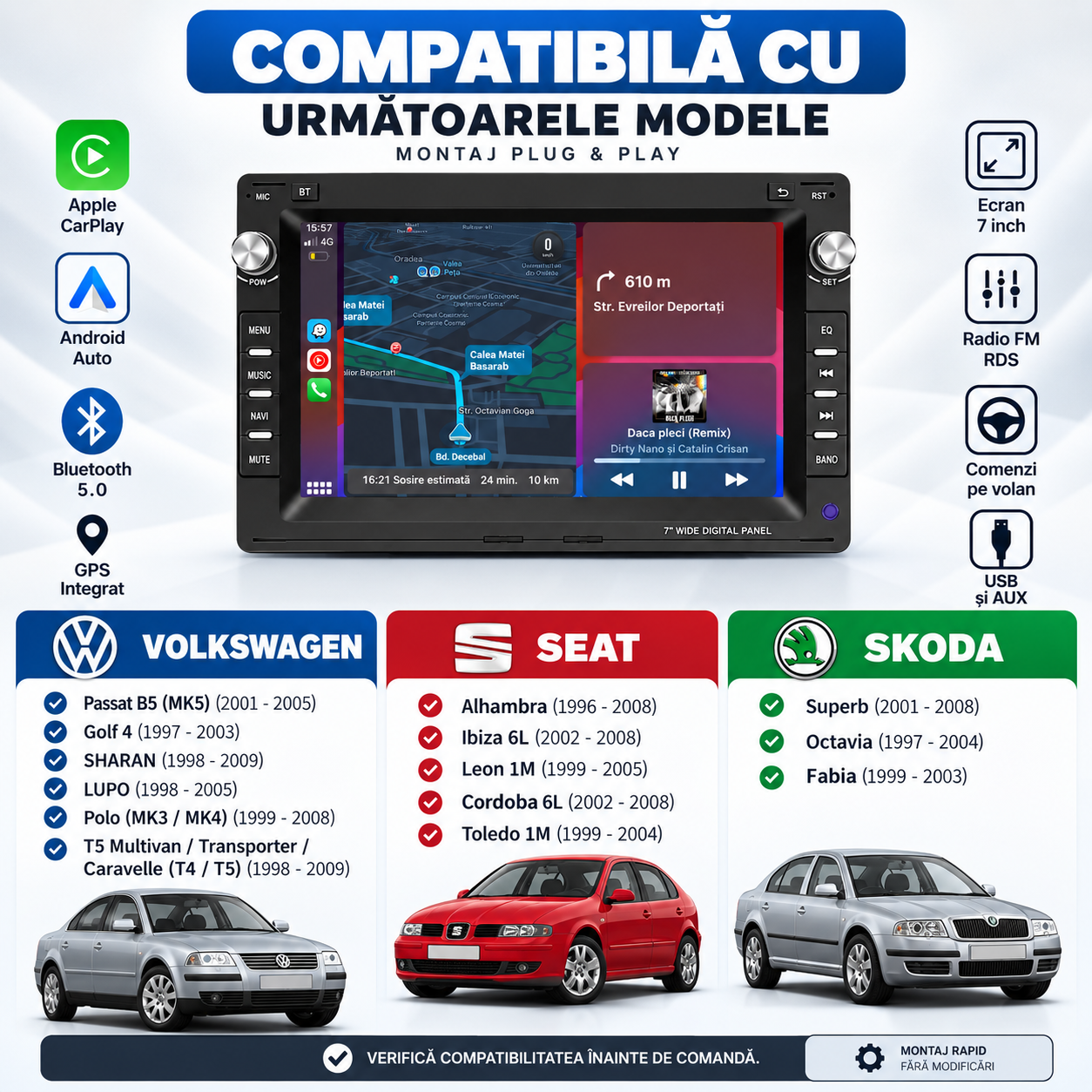 Navigatie Volkswagen Golf 4,Passat B5, Transporter T5, Polo, Skoda, 7", carplay / android auto