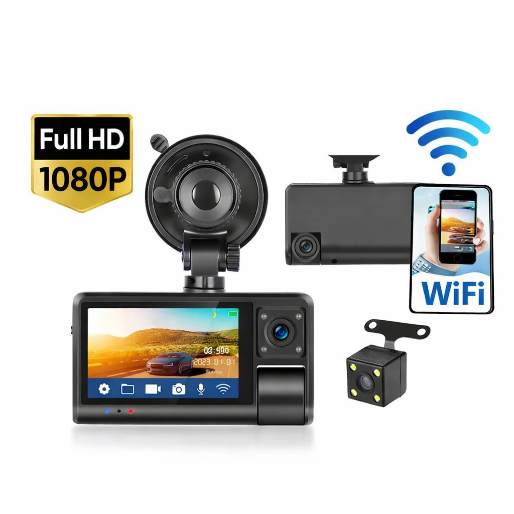 Camera dvr WIFI auto tripla, fata / interior / spate, 1080p