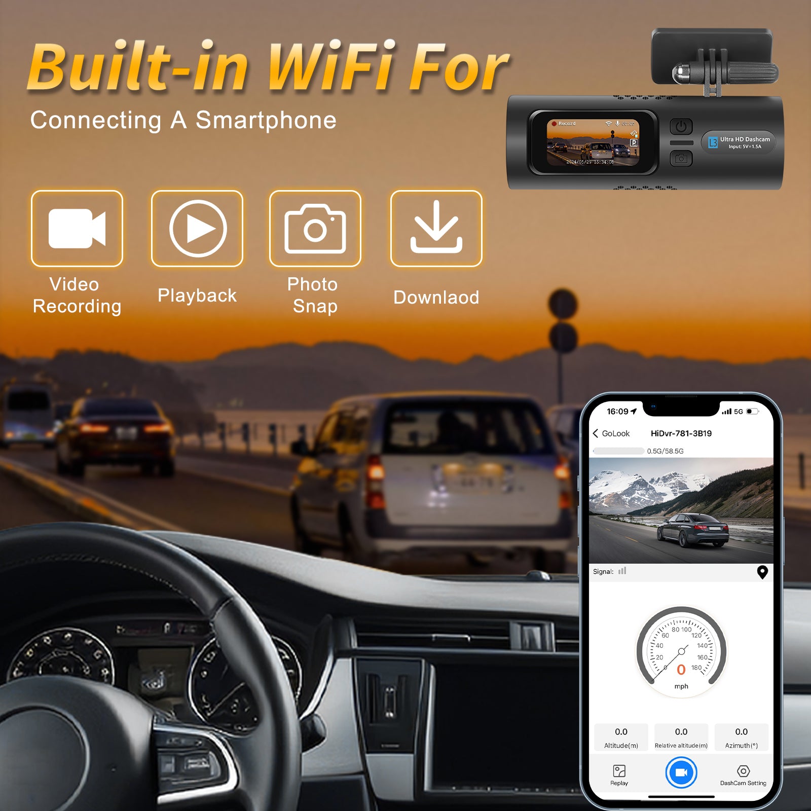 Camera dvr auto, inregistrare trafic 2K, WiFi