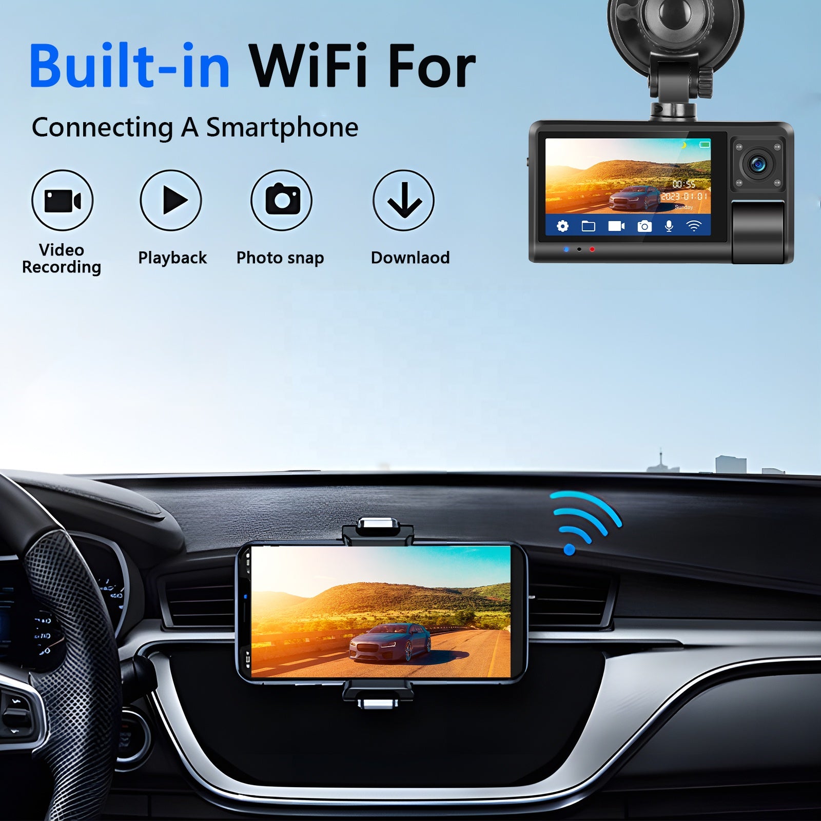 Camera dvr WIFI auto tripla, fata / interior / spate, 1080p