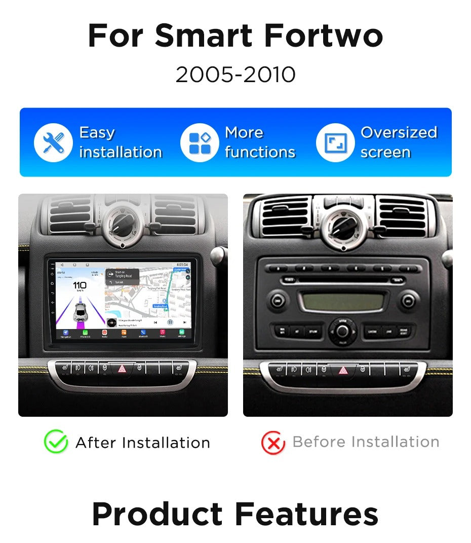Navigatie Smart For Two / For Four (2005-2010), Android, Ecran 9", Carplay / Android auto