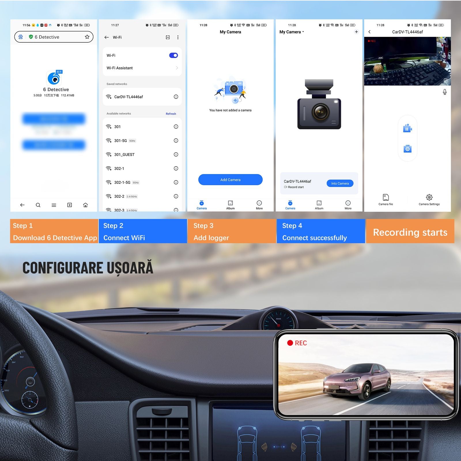 Camera dvr WIFI auto tripla, fata / interior / spate, 1080p