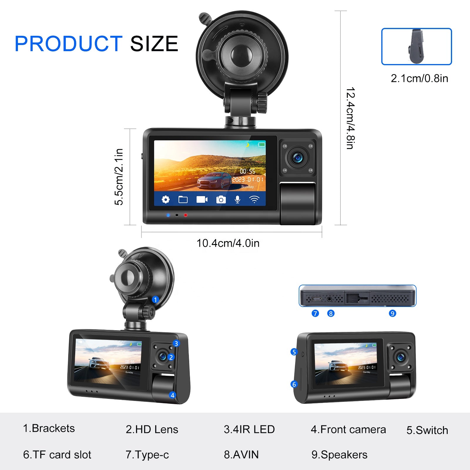 Camera dvr WIFI auto tripla, fata / interior / spate, 1080p