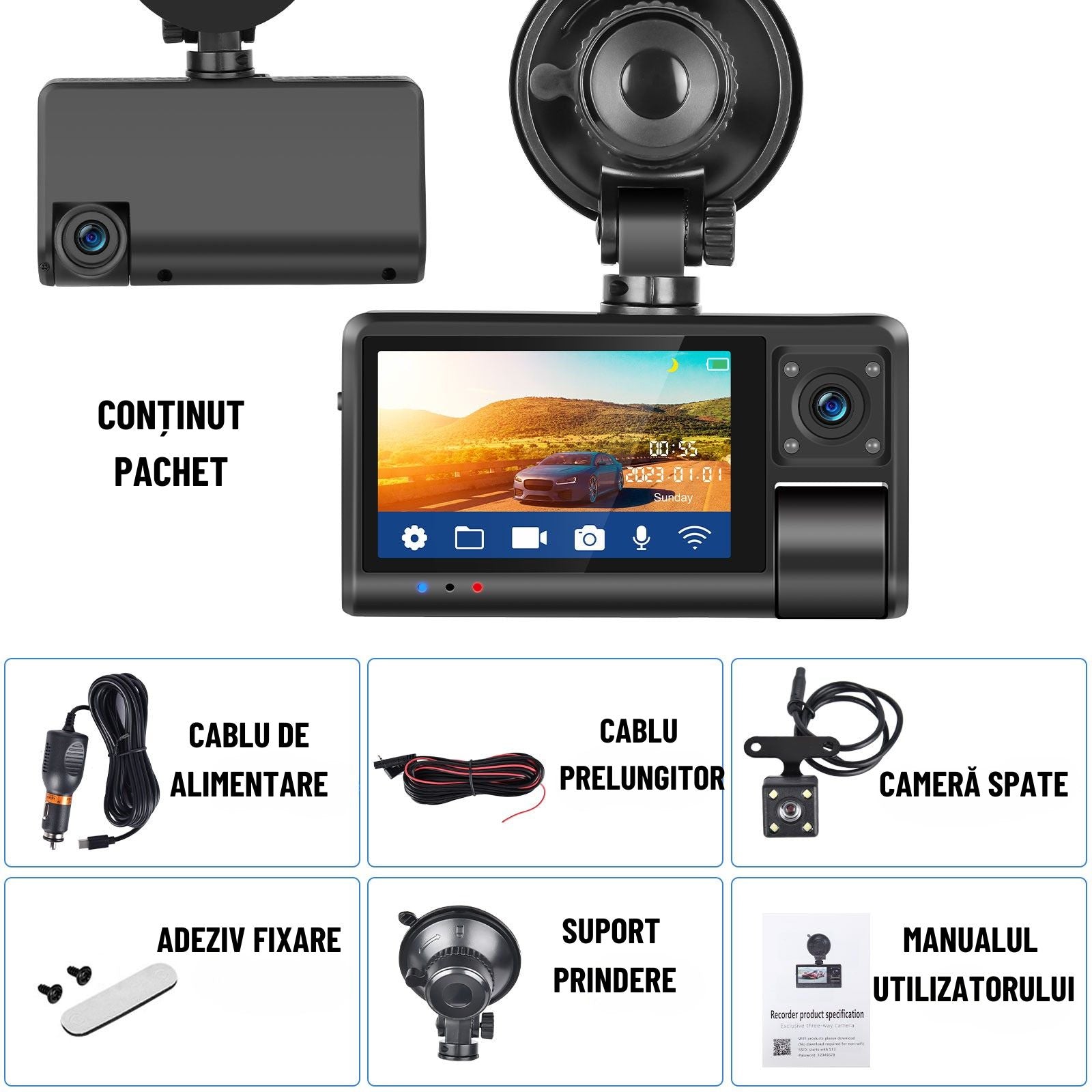 Camera dvr WIFI auto tripla, fata / interior / spate, 1080p