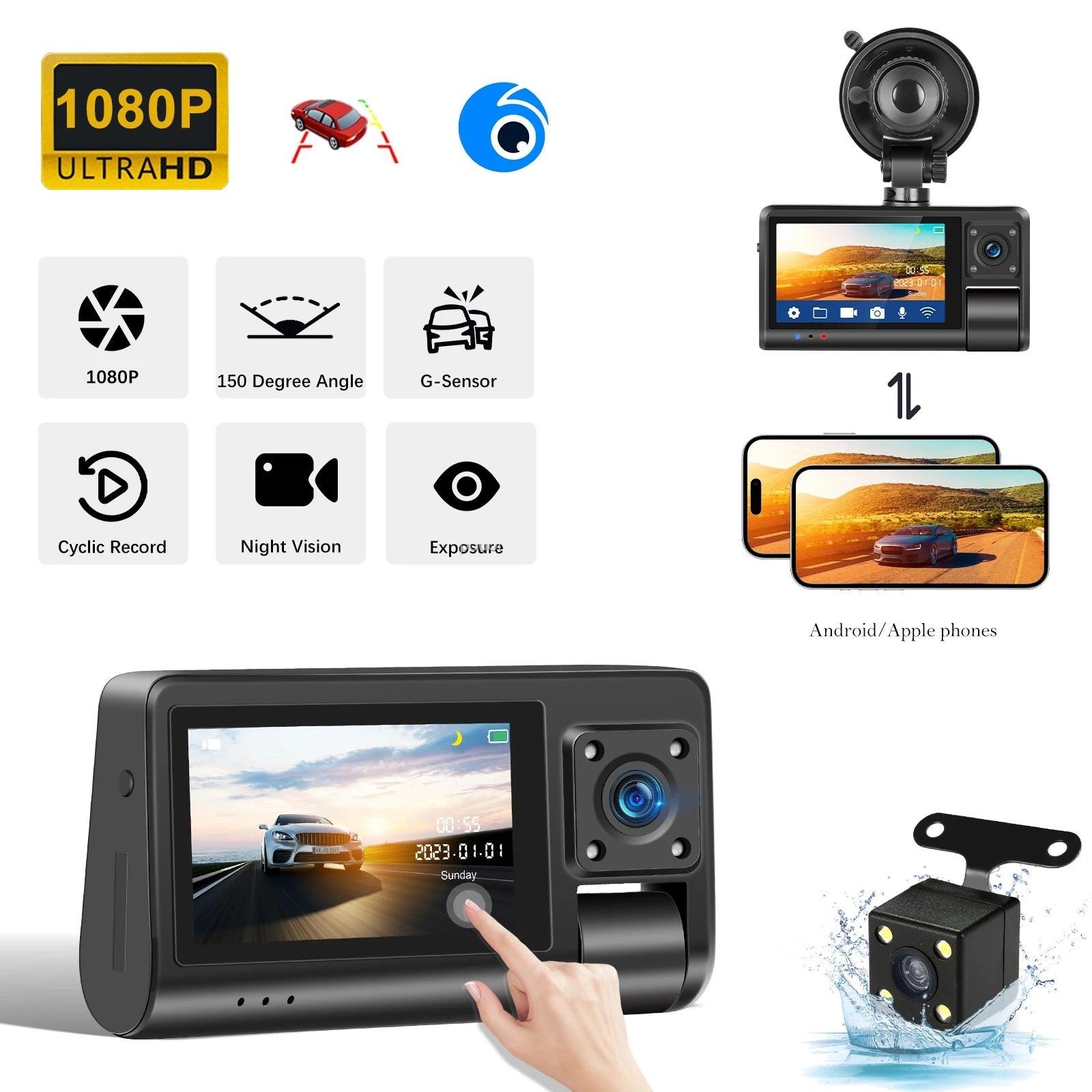 Camera dvr WIFI auto tripla, fata / interior / spate, 1080p