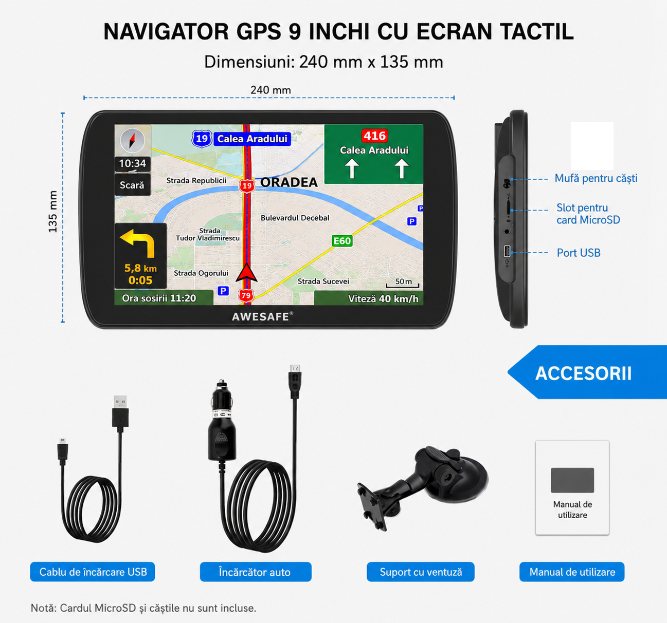 Sistem navigatie GPS Awesafe A9, harti europa incluse camion / auto, ecran 9 inch