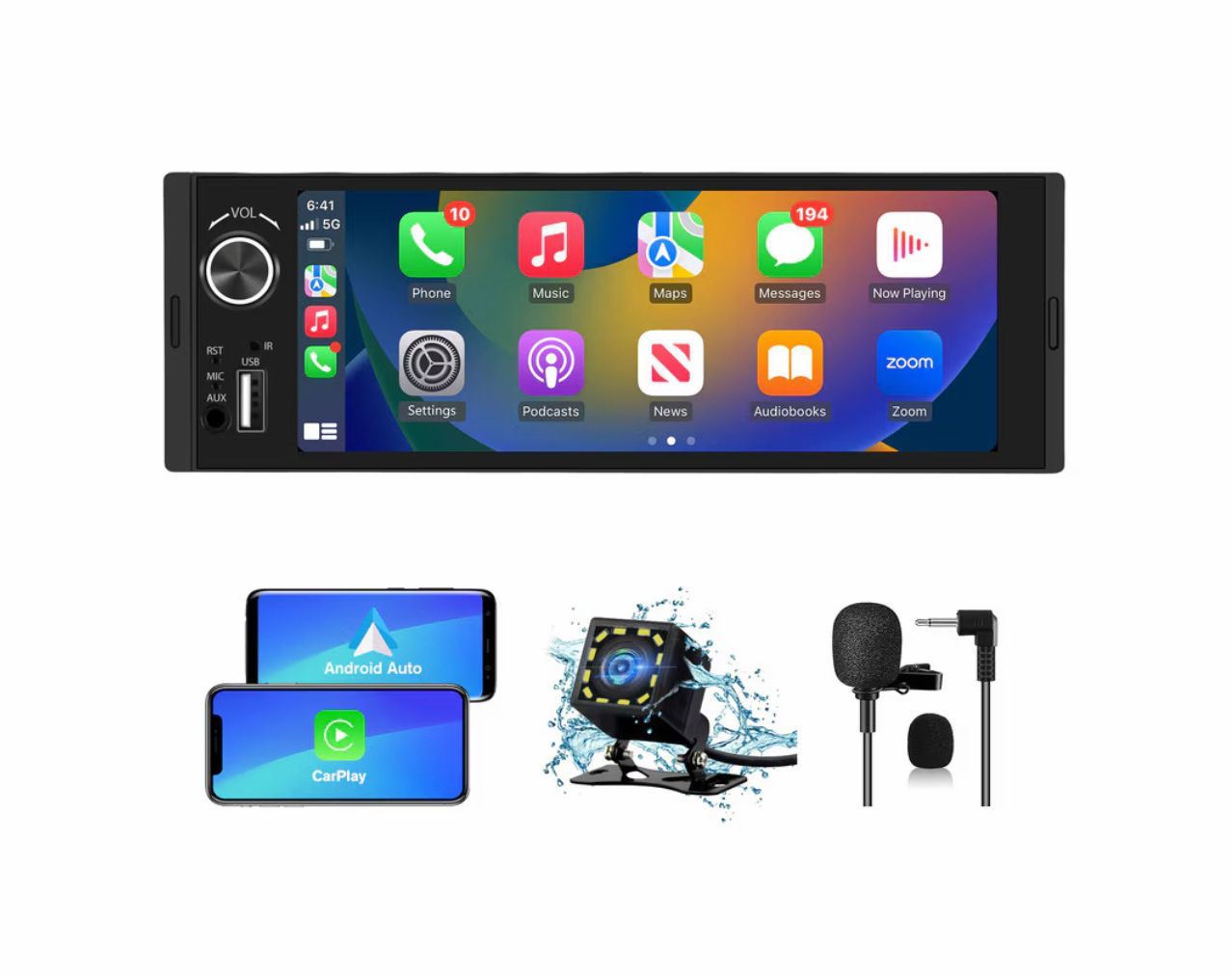 Radio Auto 1DIN cu Apple CarPlay și Android Auto wireless, Ecran Tactil 6.36", Bluetooth, Camera marsarier inclusa