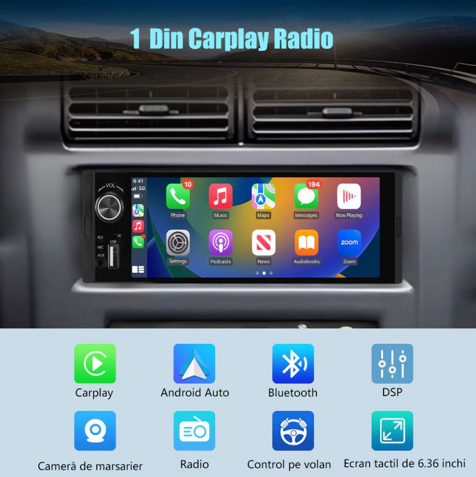 Radio Auto 1DIN cu Apple CarPlay și Android Auto wireless, Ecran Tactil 6.36", Bluetooth, Camera marsarier inclusa