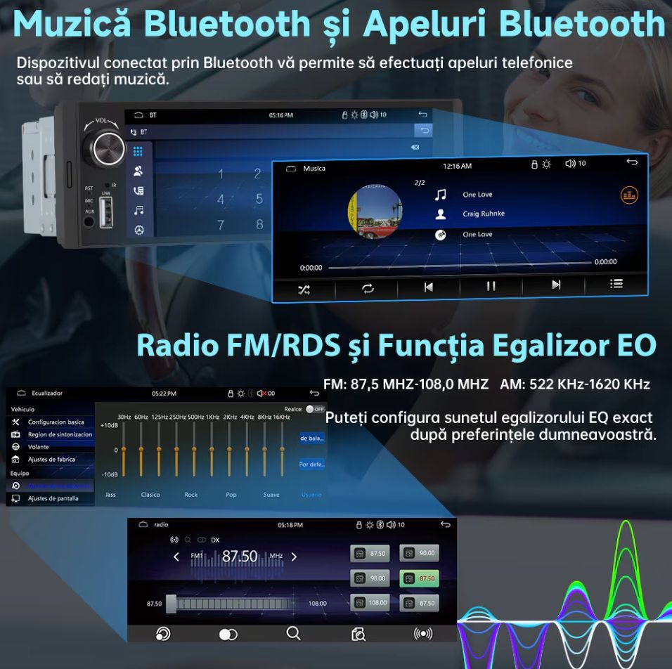 Radio Auto 1DIN cu Apple CarPlay și Android Auto wireless, Ecran Tactil 6.36", Bluetooth, Camera marsarier inclusa