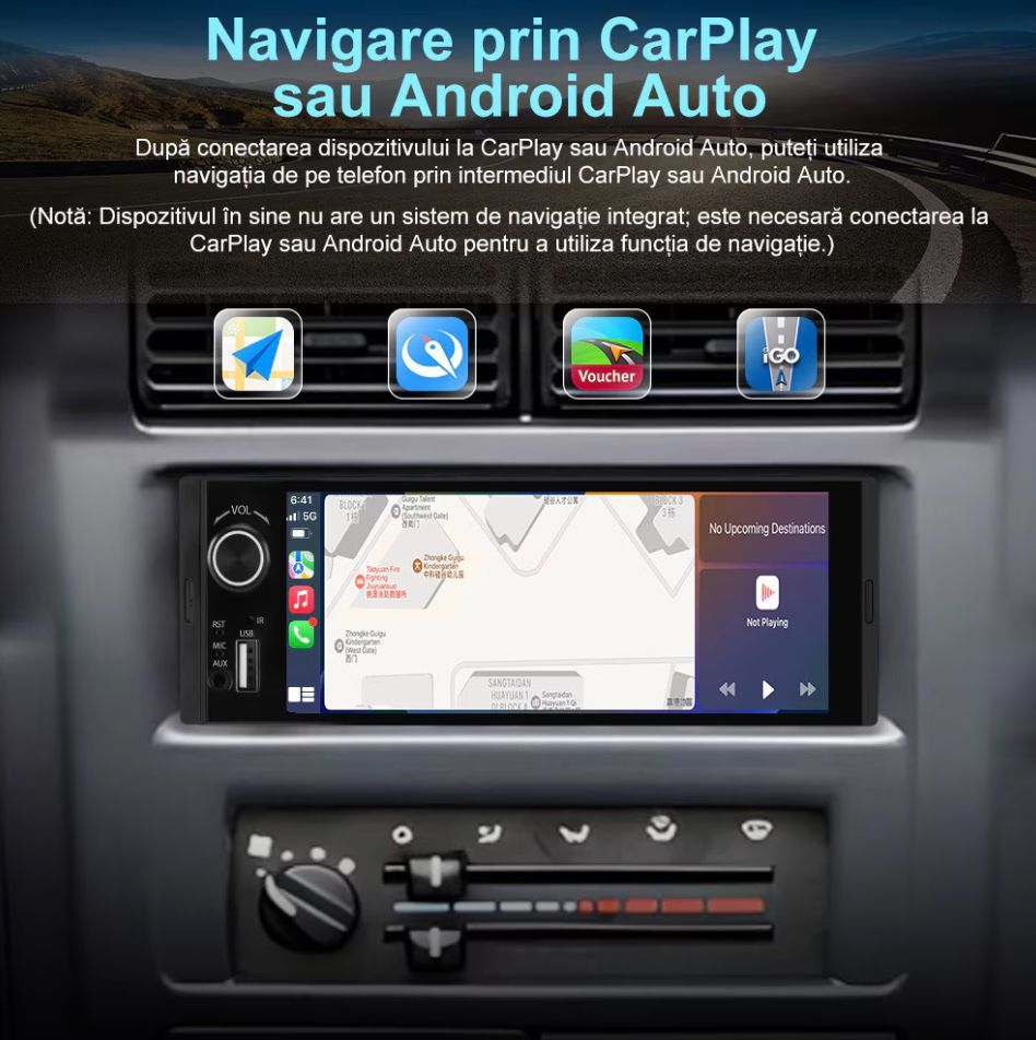 Radio Auto 1DIN cu Apple CarPlay și Android Auto wireless, Ecran Tactil 6.36", Bluetooth, Camera marsarier inclusa