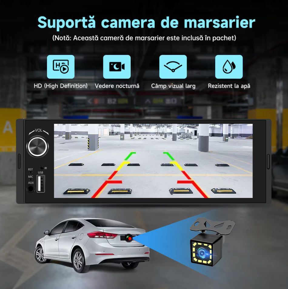 Radio Auto 1DIN cu Apple CarPlay și Android Auto wireless, Ecran Tactil 6.36", Bluetooth, Camera marsarier inclusa