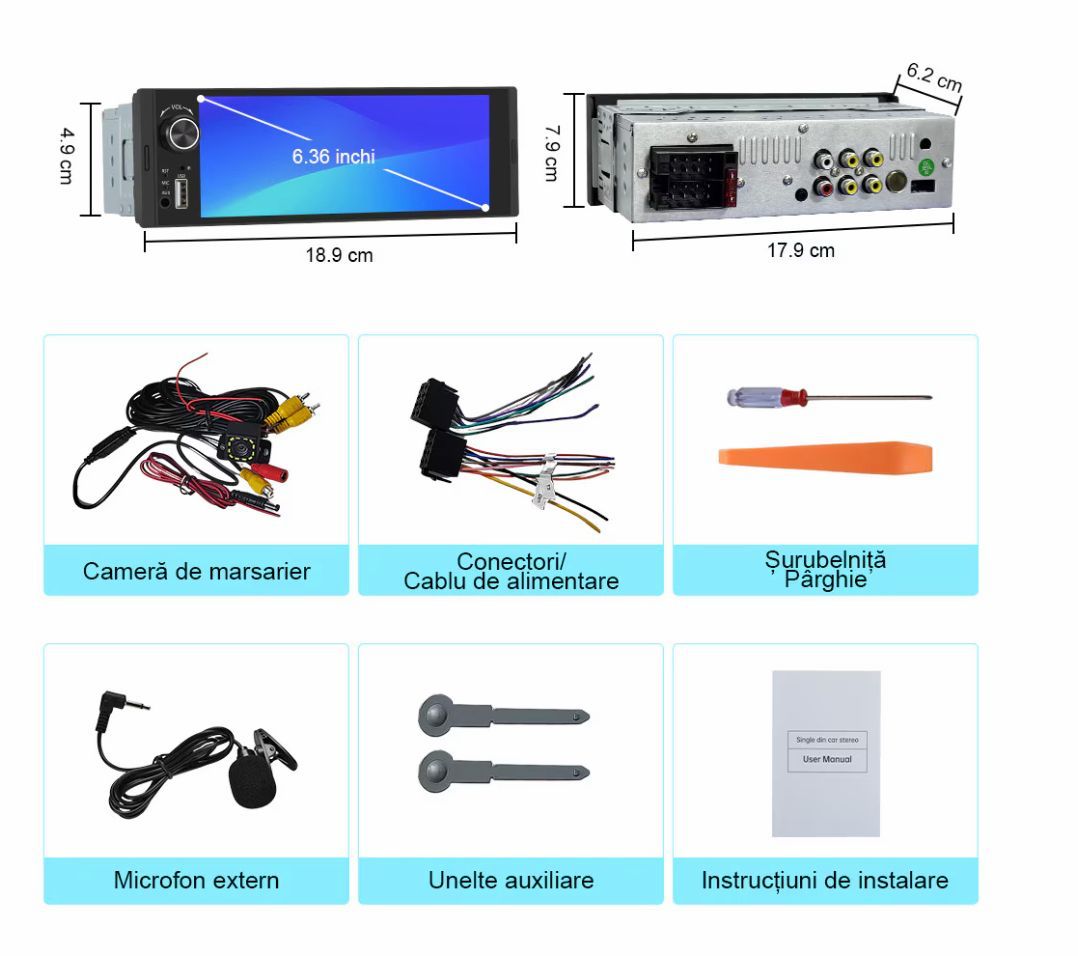 Radio Auto 1DIN cu Apple CarPlay și Android Auto wireless, Ecran Tactil 6.36", Bluetooth, Camera marsarier inclusa