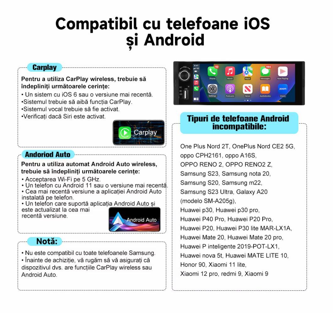 Radio Auto 1DIN cu Apple CarPlay și Android Auto wireless, Ecran Tactil 6.36", Bluetooth, Camera marsarier inclusa