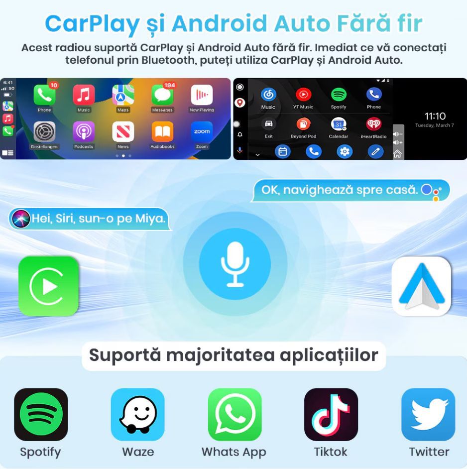 Player auto casetofon 1DIN universala, Carplay si Android auto, waze, google maps