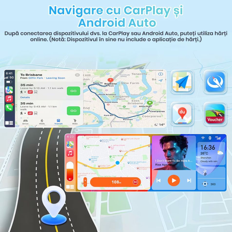 Player auto casetofon 1DIN universala, Carplay si Android auto, waze, google maps