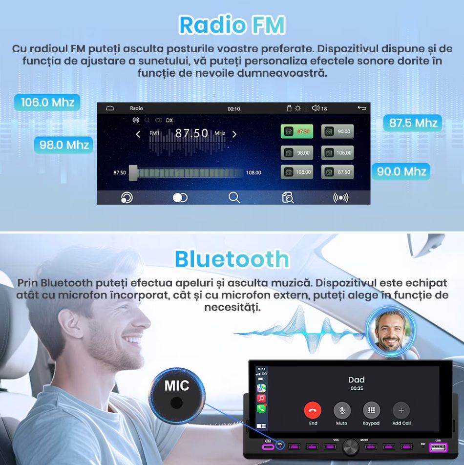 Player auto casetofon 1DIN universala, Carplay si Android auto, waze, google maps