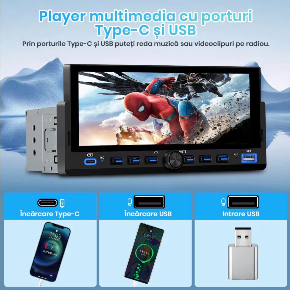 Player auto casetofon 1DIN universala, Carplay si Android auto, waze, google maps