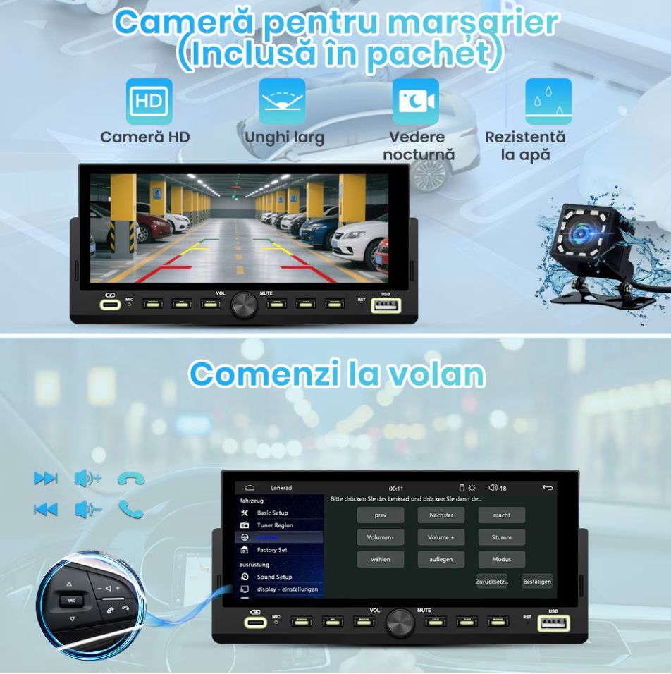 Player auto casetofon 1DIN universala, Carplay si Android auto, waze, google maps