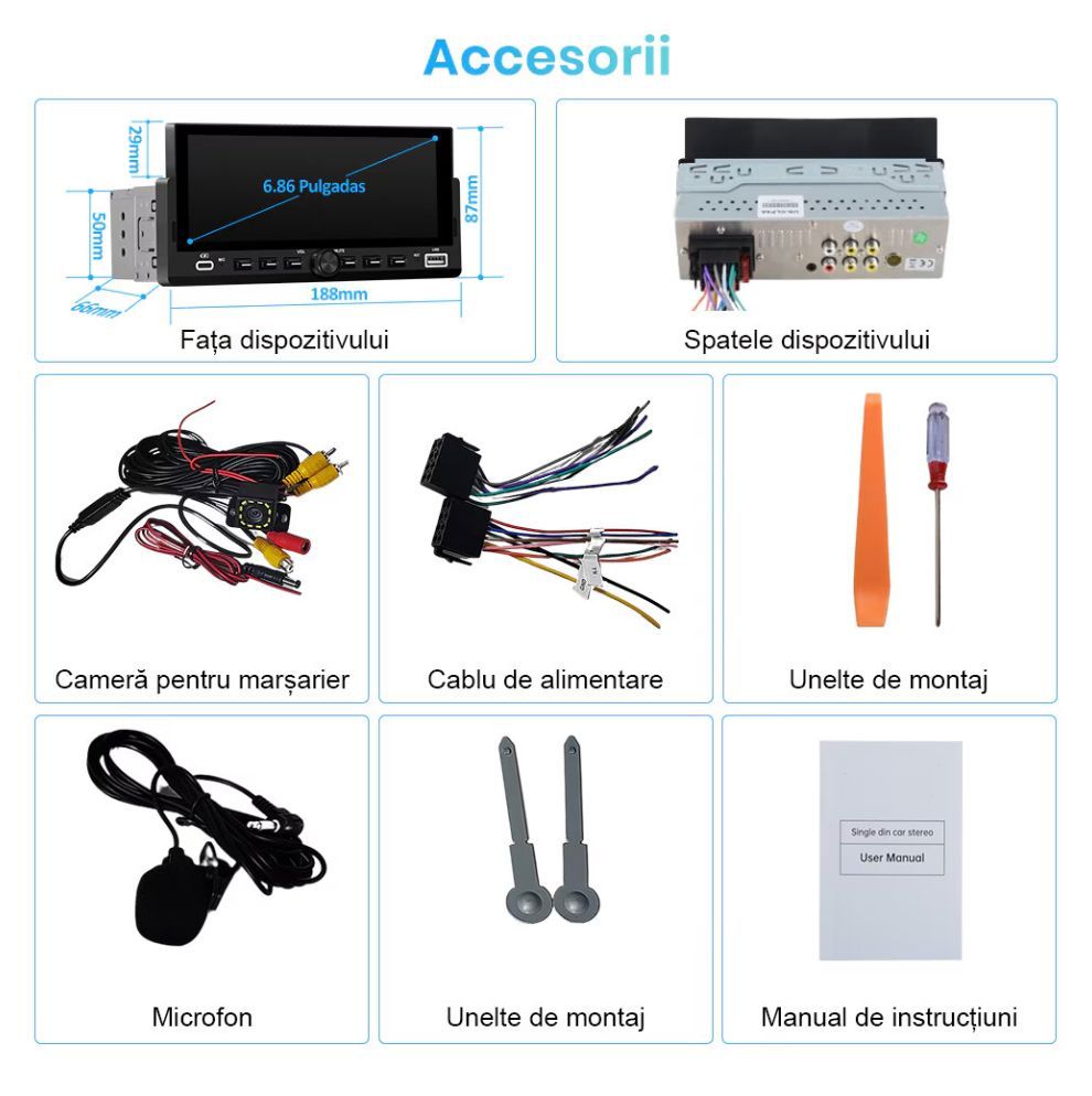 Player auto casetofon 1DIN universala, Carplay si Android auto, waze, google maps