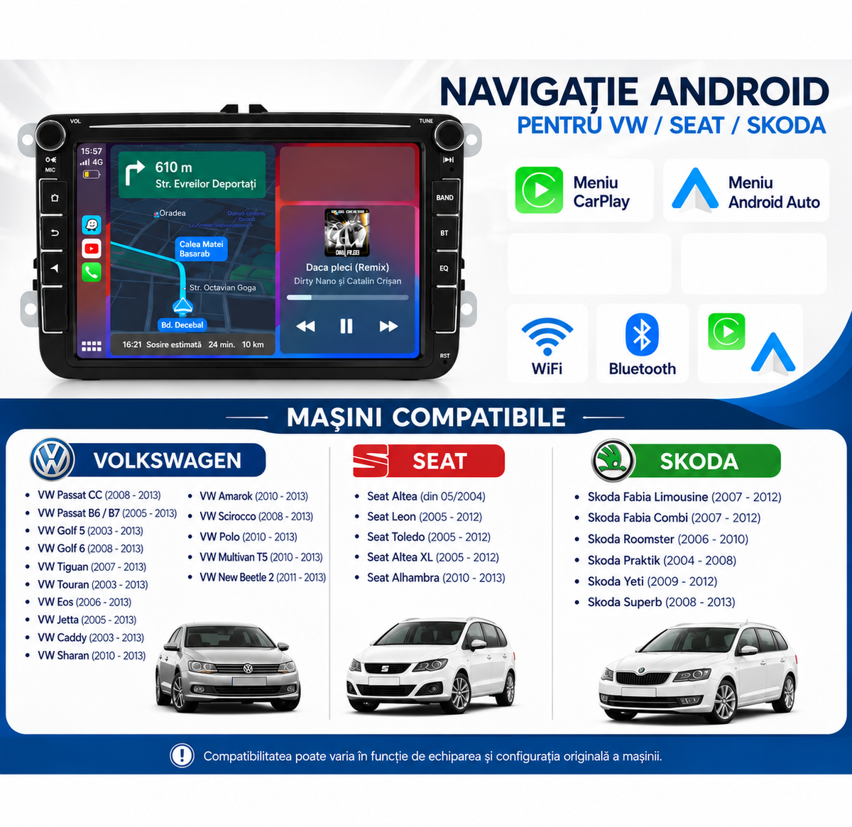 Navigatie Volkswagen ,Skoda, Seat, Android, Ecran 8 inch, Carplay / android auto
