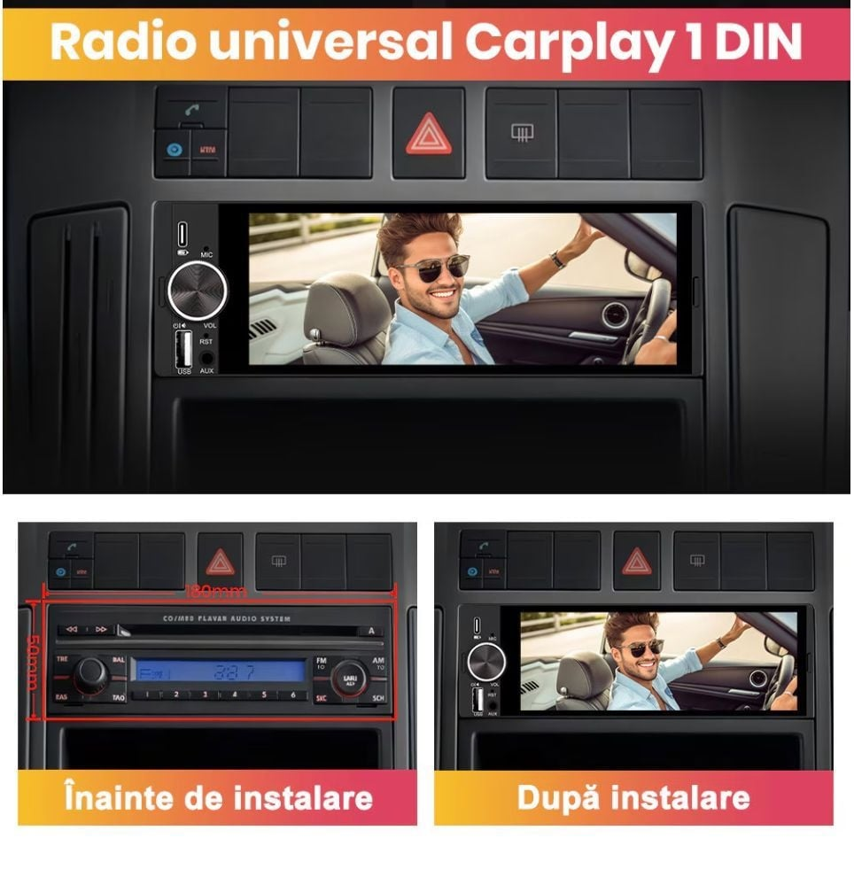 Radio Auto 1DIN Universal cu Apple CarPlay și Android Auto Wireless, Ecran IPS 6.9", Bluetooth, Type-C, camera marsarier cadou