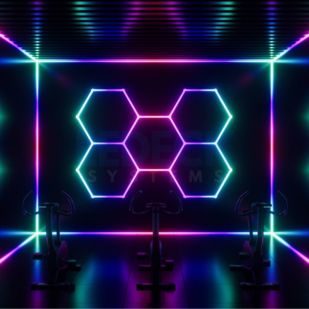 Lumină LED RGB Hexagonală Profesionala Aluminiu – 5 Module 244x170CM 192W, Echivalent 1600W, Garaj, Salon, Atelier