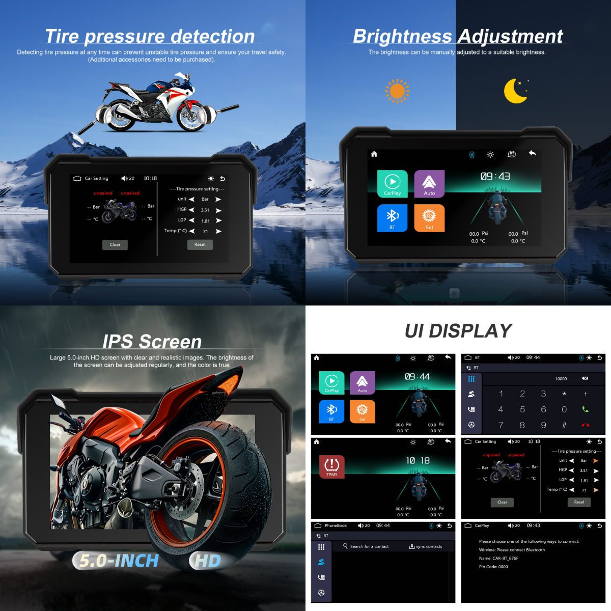 Carplay pentru Motocicleta cu ecran 5" IPS, android auto / carplay wireless