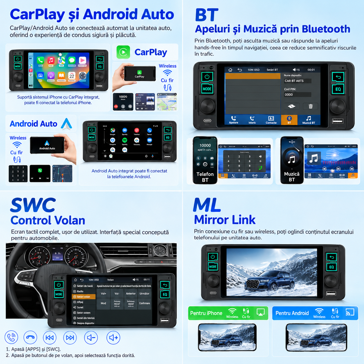 Radio Auto 1DIN, CarPlay wireless, Ecran Incell Tactil 5.1", Bluetooth
