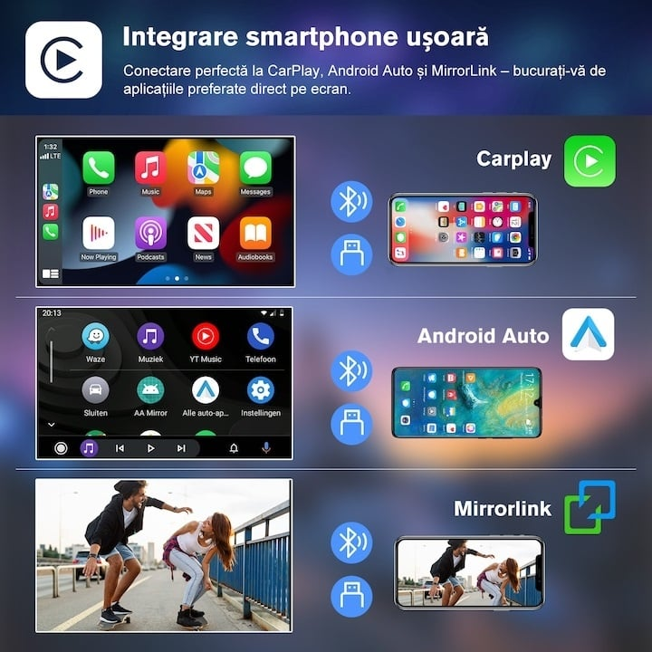 Navigatie 2DIN Universala cu Apple CarPlay și Android Auto Wireless, Ecran IPS 7", Bluetooth, Type-C, camera marsarier cadou