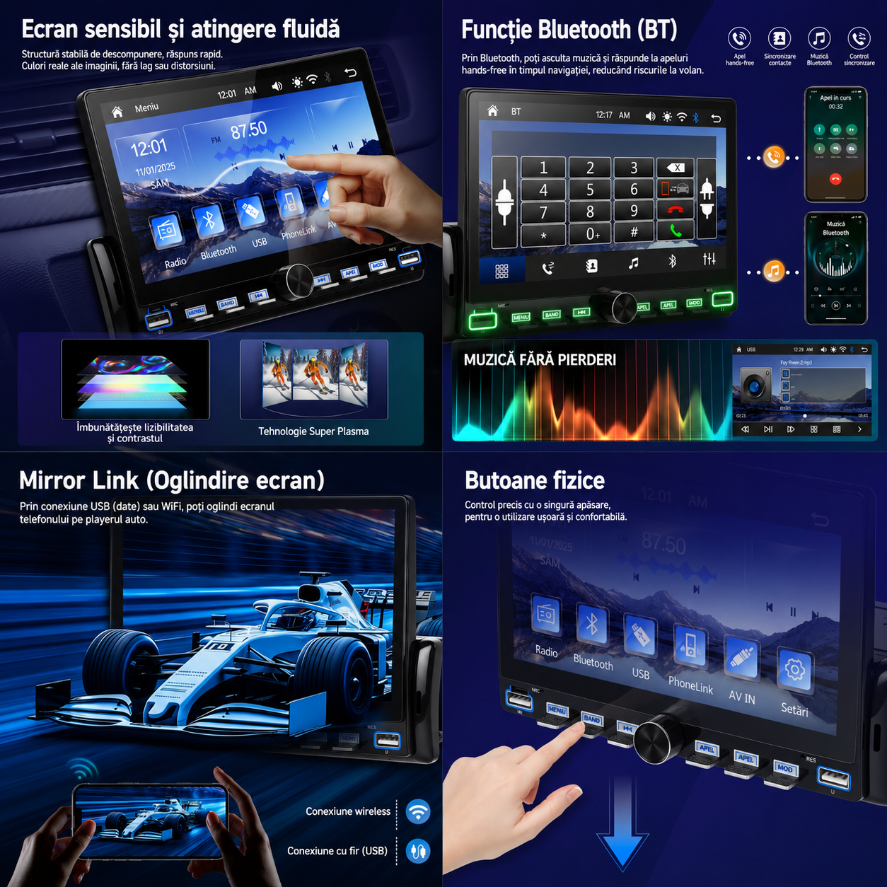 Radio Auto 1DIN, CarPlay wireless, Ecran Tactil 7", Bluetooth, Camera marsarier inclusa