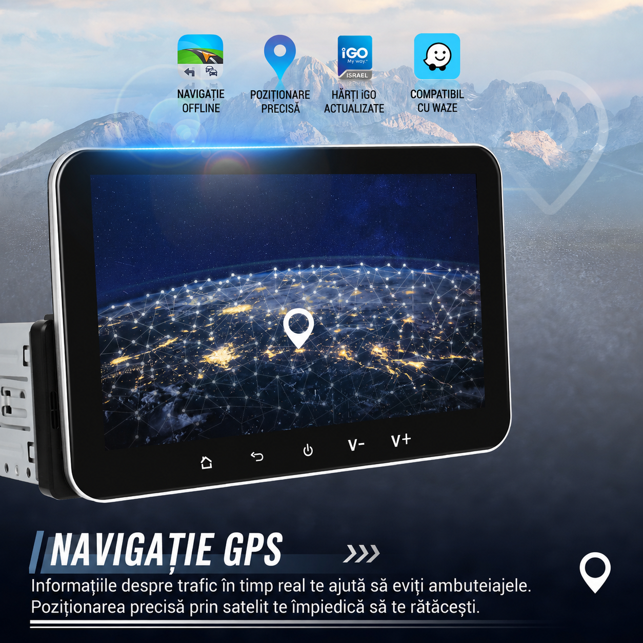 Navigatie 1DIN 2GB RAM, carplay si android auto wireless, ecran 7 inch IPS, bluetooth, radio, usb