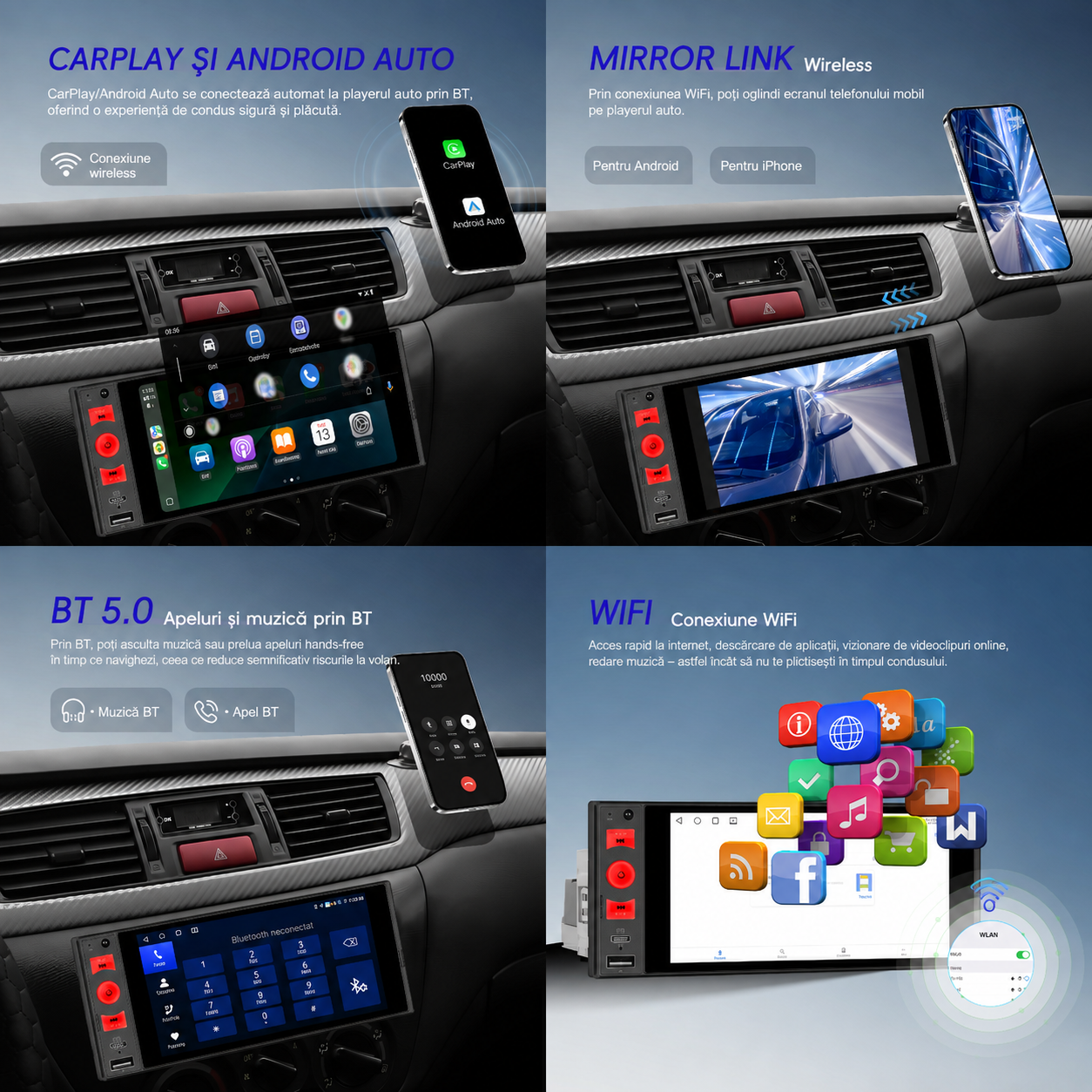 Navigatie 1DIN 4GB RAM, carplay si android auto wireless, ecran 6 inch Incell, bluetooth, radio, usb