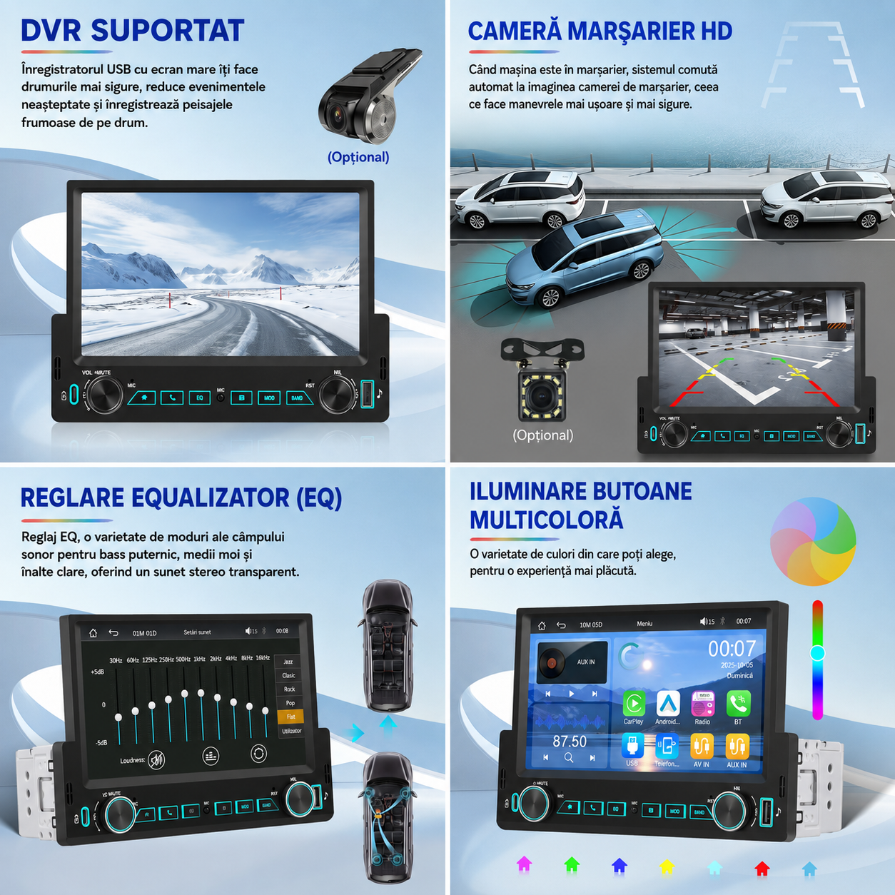 Radio Auto 1DIN cu Apple CarPlay și Android Auto wireless, Ecran Tactil 7", Bluetooth, Camera marsarier inclusa