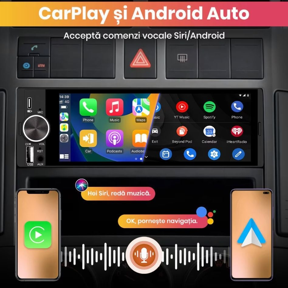Radio Auto 1DIN Universal cu Apple CarPlay și Android Auto Wireless, Ecran IPS 6.9", Bluetooth, Type-C, camera marsarier cadou