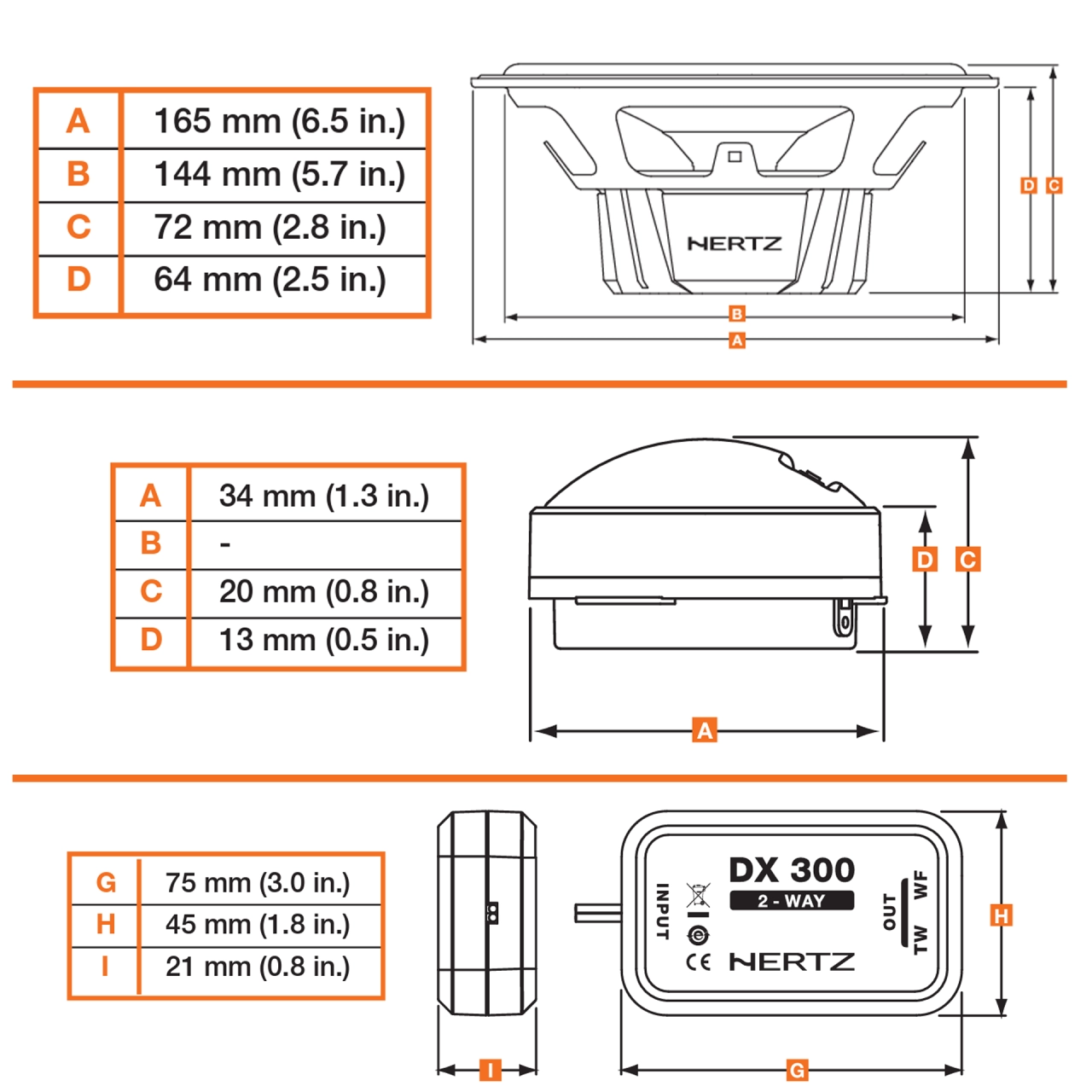 Set 2 difuzoare auto Hertz Dieci DSK 165.3, set sistem 2 căi, 165mm, 80W RMS, 4Ω