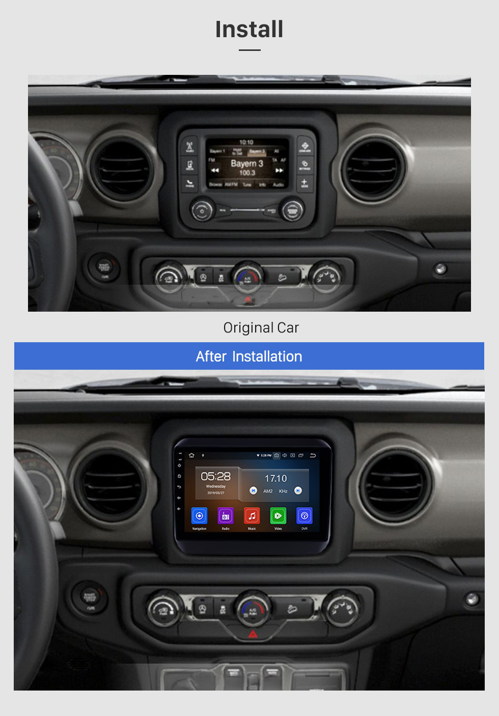 Navigatie Jeep Wrangler Rubicon (2018+), Ecran 9 inch, Carplay / Android auto, Youtube, Waze