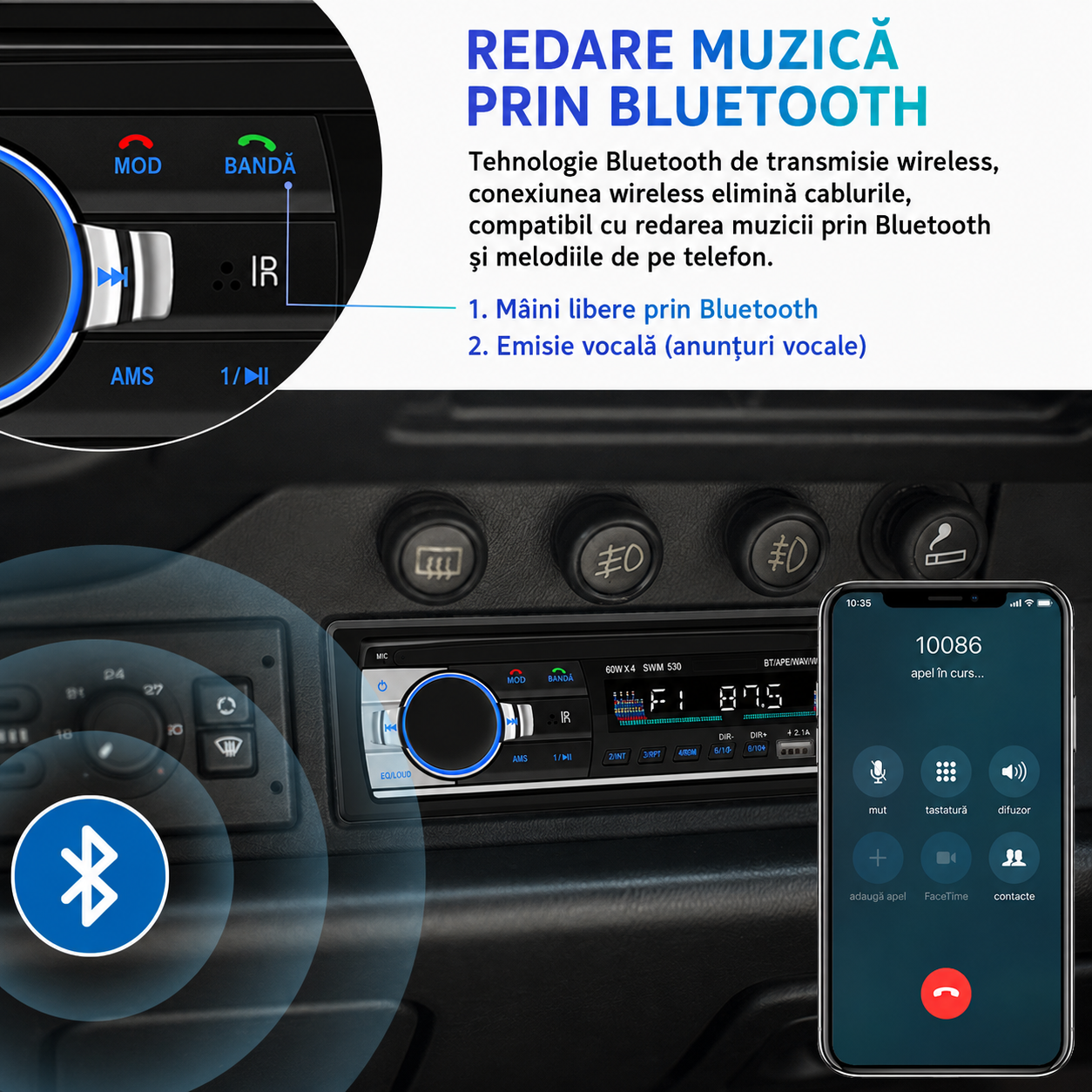 Radio mp3 player Aux SD USB Bluetooth, taste iluminate