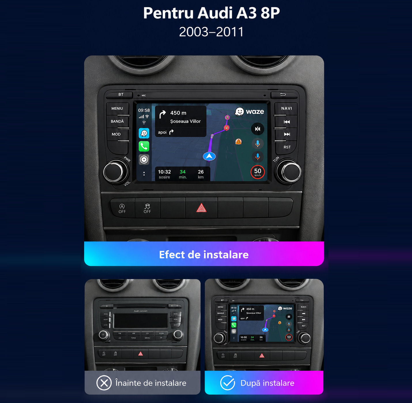 Navigatie dedicata Android 15, Audi A3 8P (2003-2013) 4GB RAM carplay / android auto