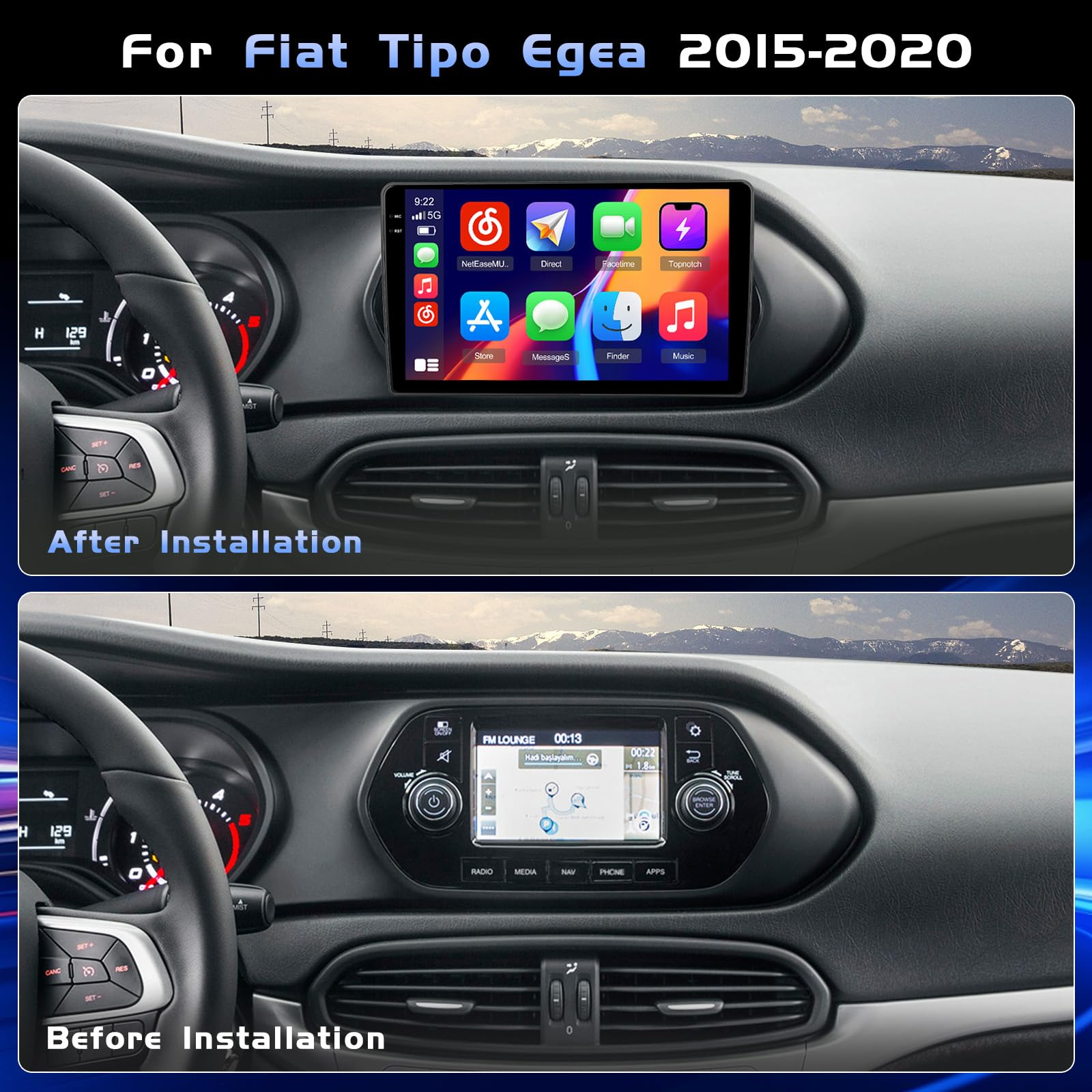Navigatie Fiat Tipo (2015-2021), Ecran 9 inch, Carplay / Android auto, Youtube, Waze