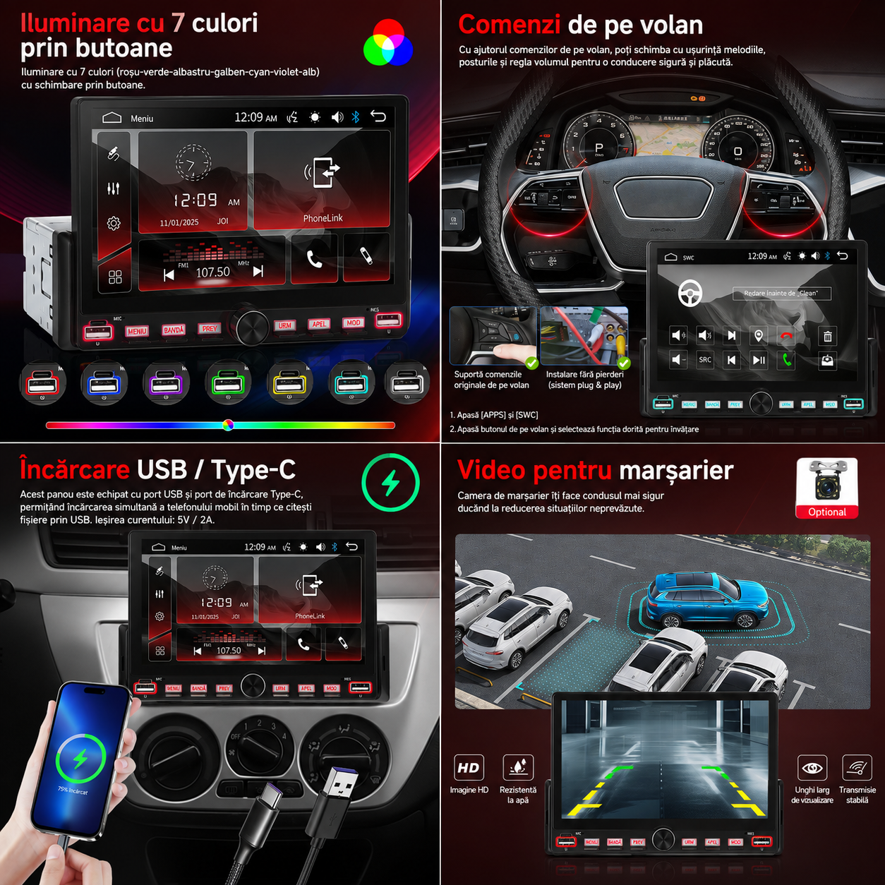 Radio Auto 1DIN, CarPlay wireless, Ecran Tactil 7", Bluetooth, Camera marsarier inclusa