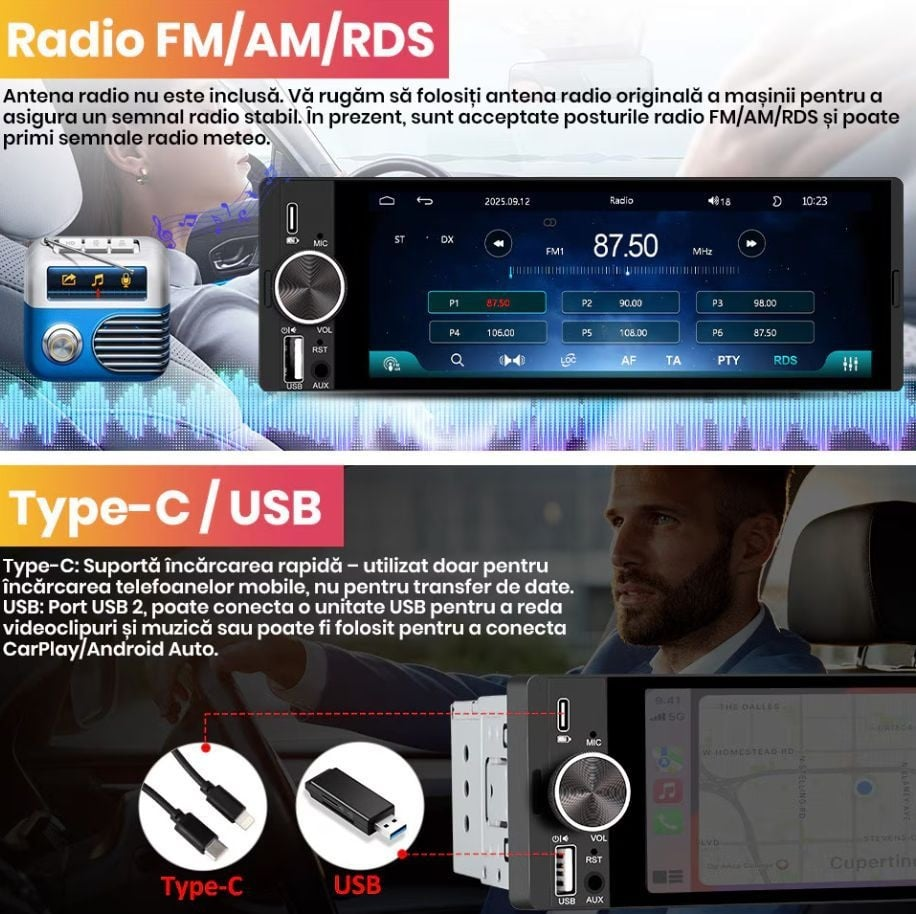 Radio Auto 1DIN Universal cu Apple CarPlay și Android Auto Wireless, Ecran IPS 6.9", Bluetooth, Type-C, camera marsarier cadou