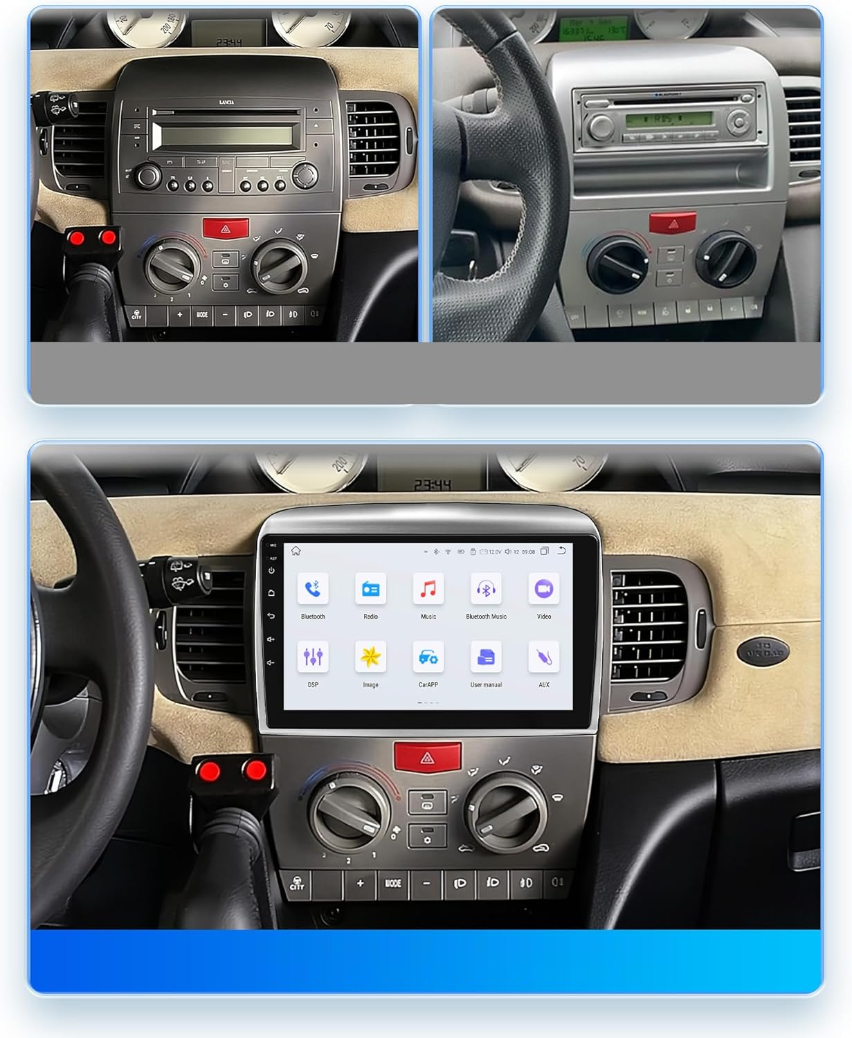 Navigatie Lancia Ypsilon (2006-2012), Ecran 9 inch, Carplay / Android auto, Youtube, Waze