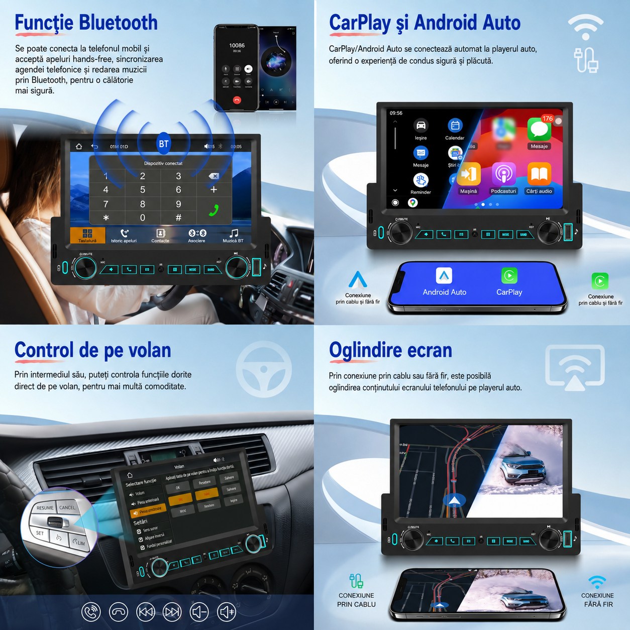 Radio Auto 1DIN cu Apple CarPlay și Android Auto wireless, Ecran Tactil 7", Bluetooth, Camera marsarier inclusa